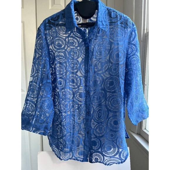 Sheer Oversized Blue Nylon Blouse Shirt Swim Cover Up Top Blouson, Size L - Picture 1 of 10